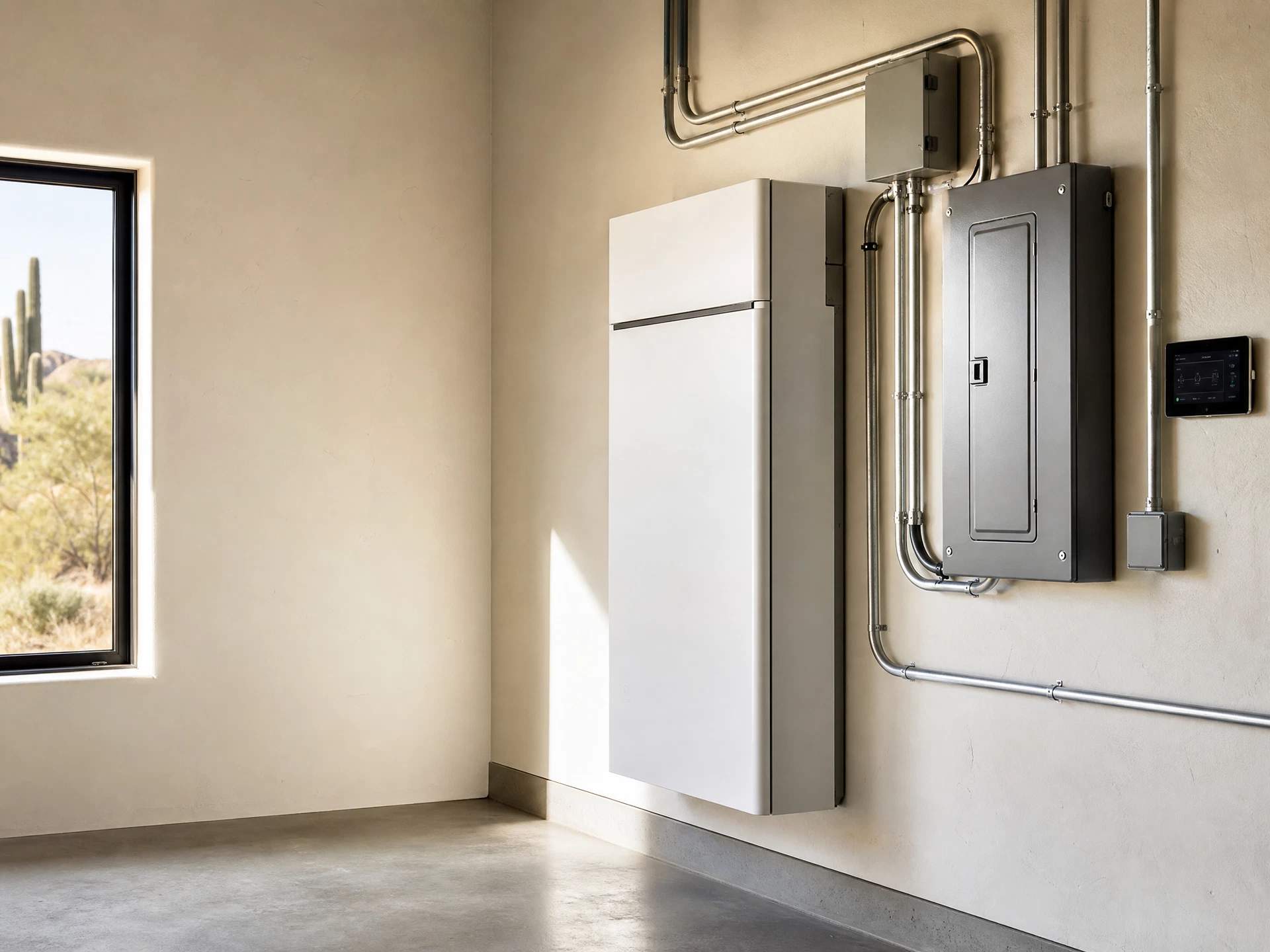 Battery storage and electrical equipment mounted on a wall
